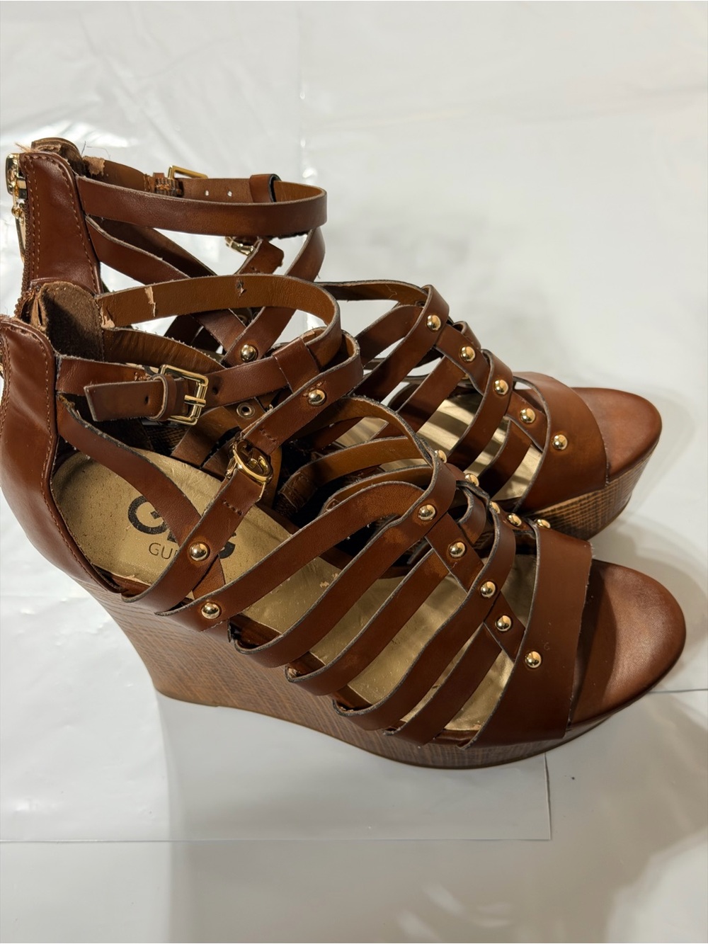 G by Guess Brown Gladiator Wedge Sandals Size 6.5